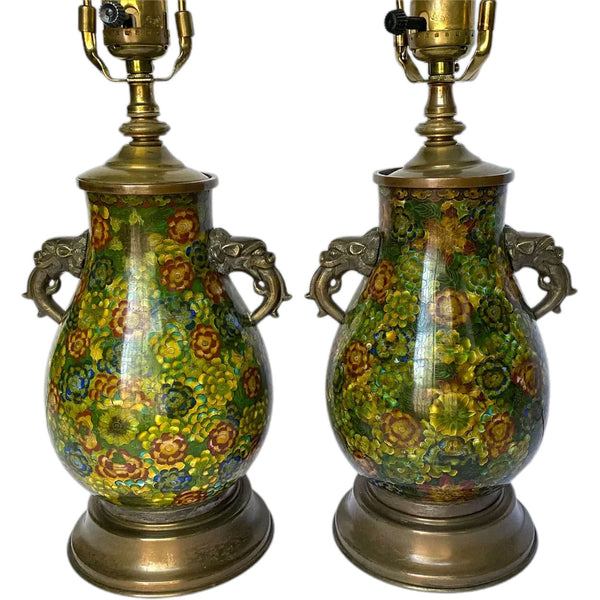 Pair Chinese Qing Cloisonné Enamel and Brass Lotus Flower One-Light Table Lamps