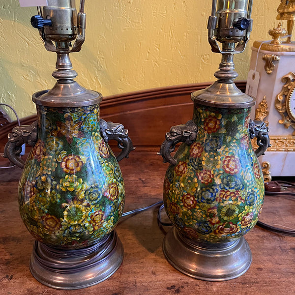 Pair Chinese Qing Cloisonné Enamel and Brass Lotus Flower One-Light Table Lamps