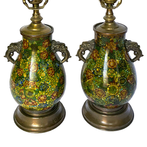 Pair Chinese Qing Cloisonné Enamel and Brass Lotus Flower One-Light Table Lamps