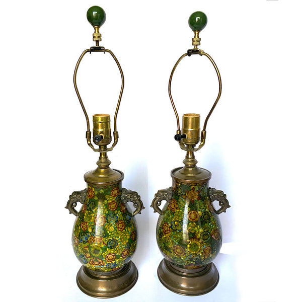 Pair Chinese Qing Cloisonné Enamel and Brass Lotus Flower One-Light Table Lamps