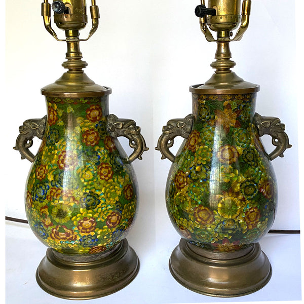 Pair Chinese Qing Cloisonné Enamel and Brass Lotus Flower One-Light Table Lamps