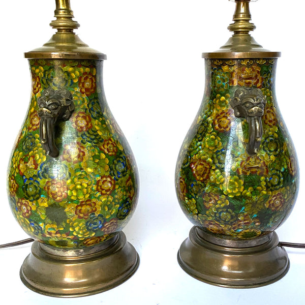 Pair Chinese Qing Cloisonné Enamel and Brass Lotus Flower One-Light Table Lamps