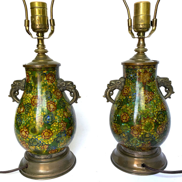 Pair Chinese Qing Cloisonné Enamel and Brass Lotus Flower One-Light Table Lamps