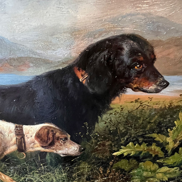 EDWARD Oil on Board Painting, Two Hunting Dogs and a Bird