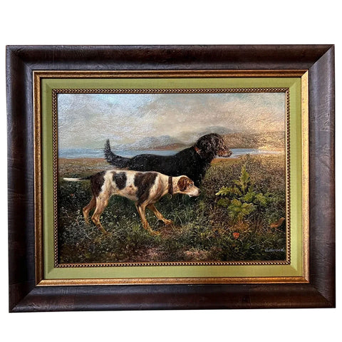 EDWARD Oil on Board Painting, Two Hunting Dogs and a Bird