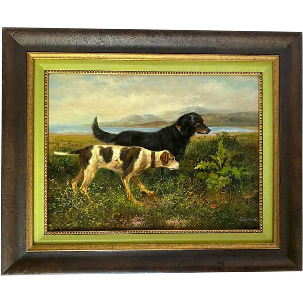 EDWARD Oil on Board Painting, Two Hunting Dogs and a Bird