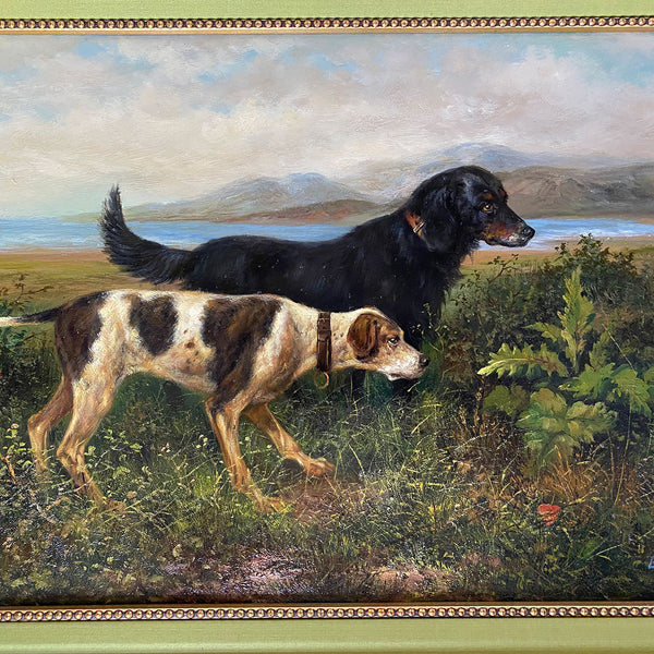 EDWARD Oil on Board Painting, Two Hunting Dogs and a Bird