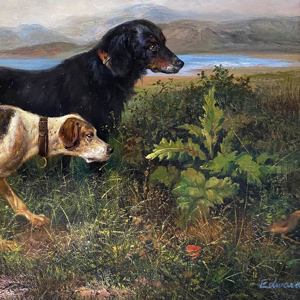 EDWARD Oil on Board Painting, Two Hunting Dogs and a Bird