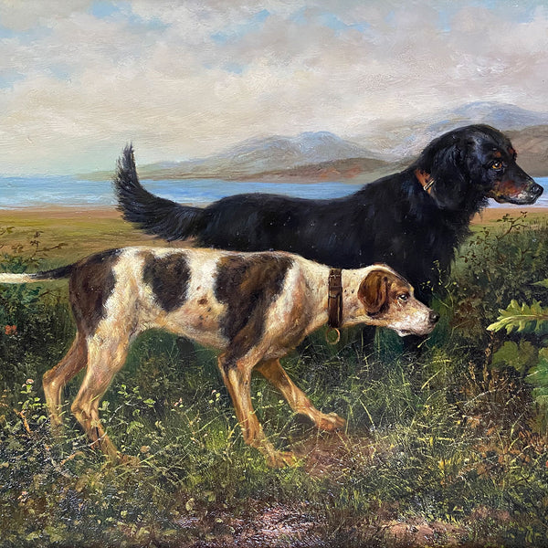 EDWARD Oil on Board Painting, Two Hunting Dogs and a Bird