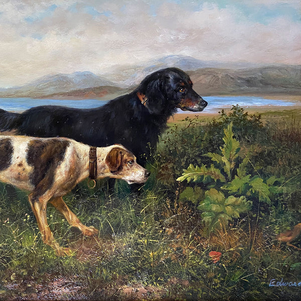 EDWARD Oil on Board Painting, Two Hunting Dogs and a Bird