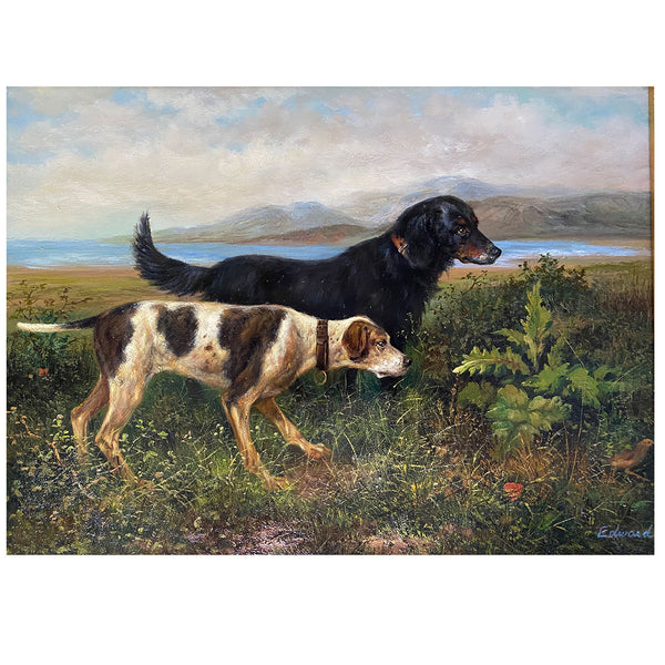 EDWARD Oil on Board Painting, Two Hunting Dogs and a Bird