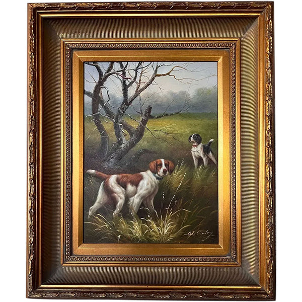 British W. OUDRY Oil on Canvas Painting, Two Pointer Dogs in a Field