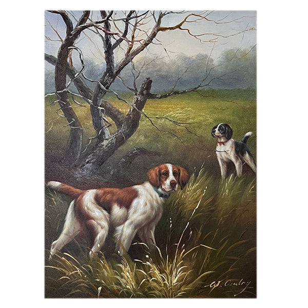 British W. OUDRY Oil on Canvas Painting, Two Pointer Dogs in a Field