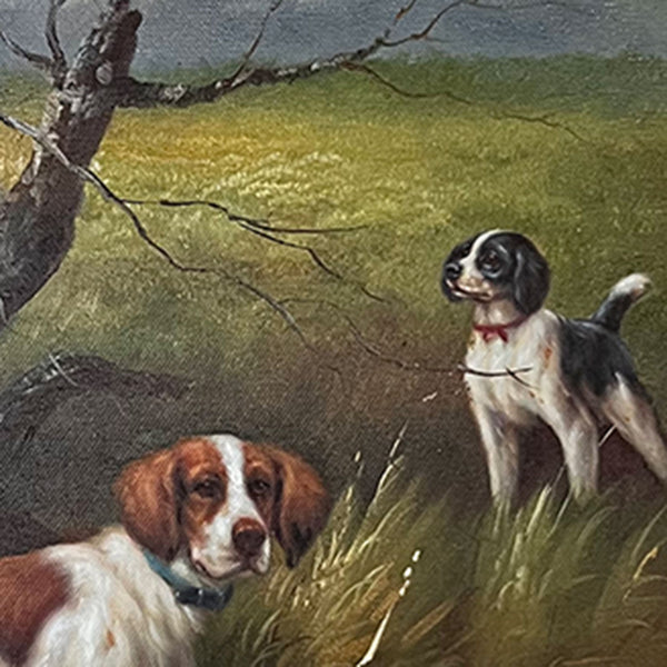 British W. OUDRY Oil on Canvas Painting, Two Pointer Dogs in a Field