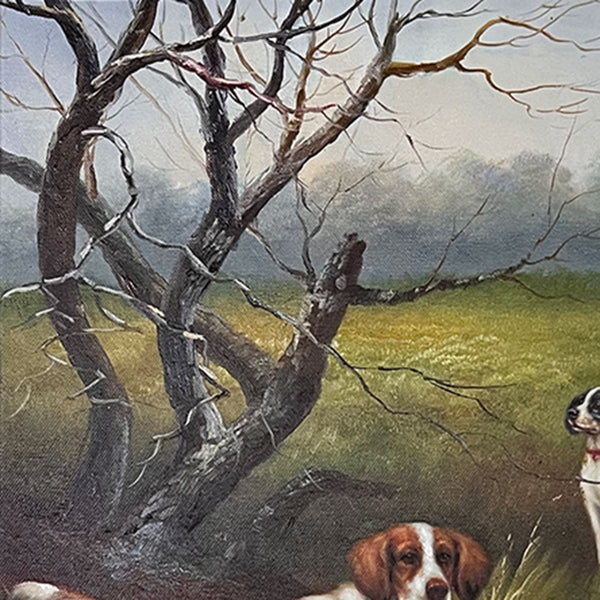 British W. OUDRY Oil on Canvas Painting, Two Pointer Dogs in a Field