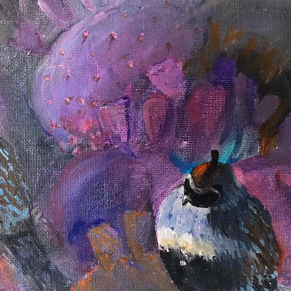 VIRGINIA K. WATTLES Oil on Board Painting, Three Gambel's Quail Birds