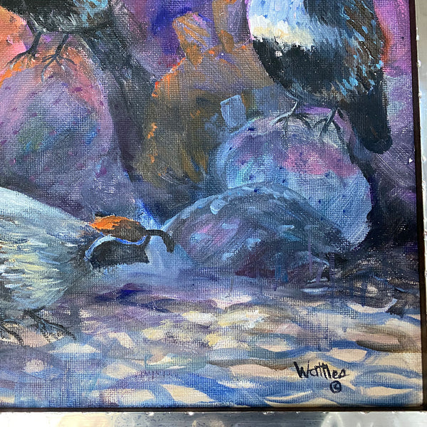 VIRGINIA K. WATTLES Oil on Board Painting, Three Gambel's Quail Birds