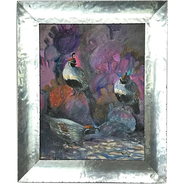 VIRGINIA K. WATTLES Oil on Board Painting, Three Gambel's Quail Birds