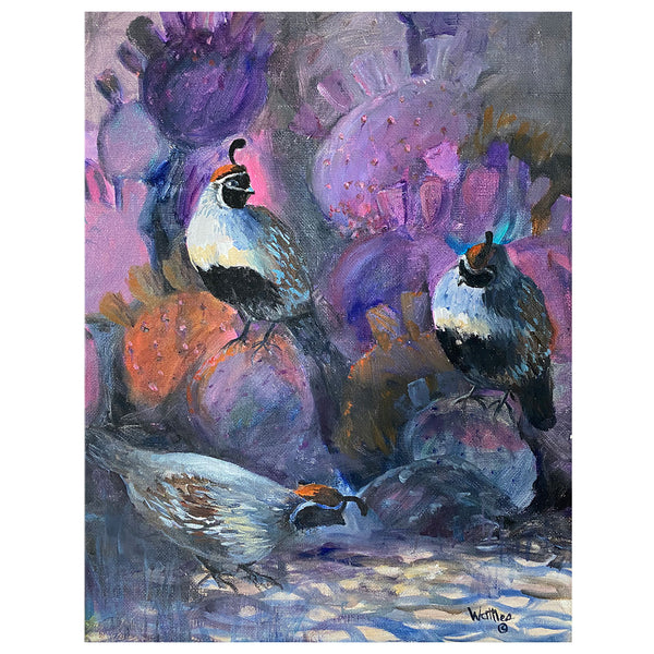 VIRGINIA K. WATTLES Oil on Board Painting, Three Gambel's Quail Birds