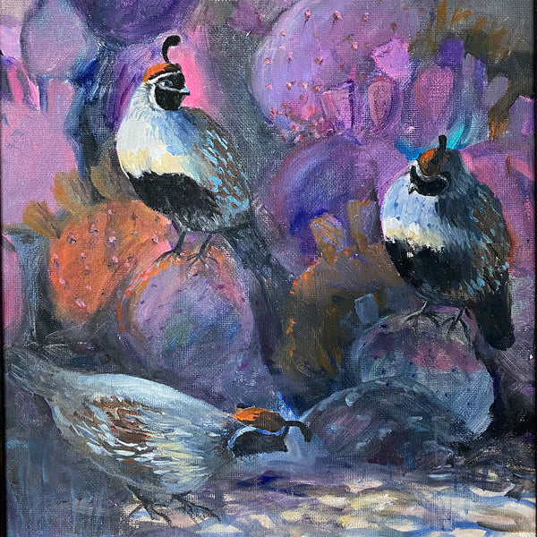 VIRGINIA K. WATTLES Oil on Board Painting, Three Gambel's Quail Birds