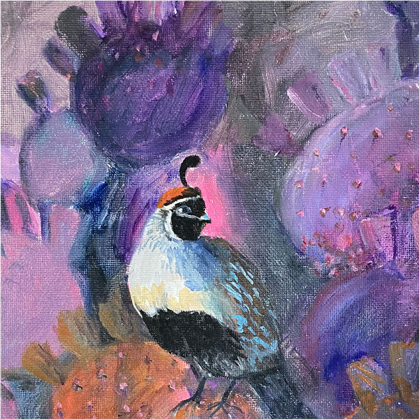 VIRGINIA K. WATTLES Oil on Board Painting, Three Gambel's Quail Birds