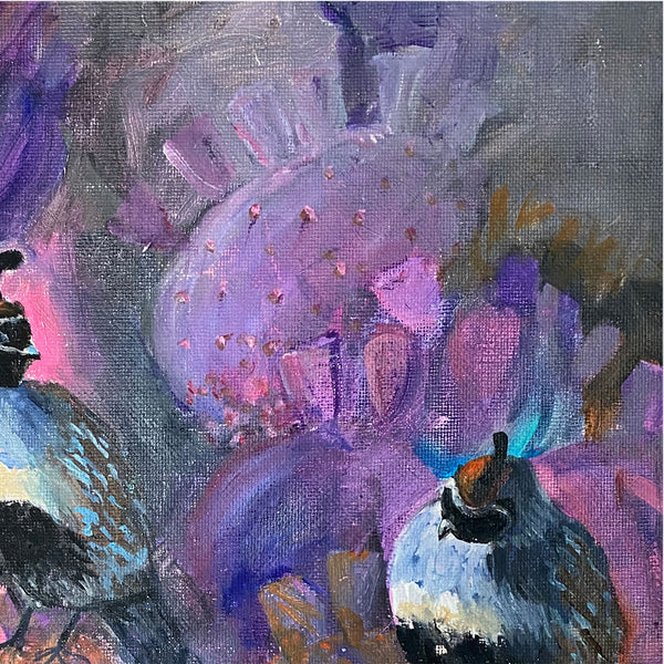 VIRGINIA K. WATTLES Oil on Board Painting, Three Gambel's Quail Birds