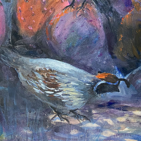 VIRGINIA K. WATTLES Oil on Board Painting, Three Gambel's Quail Birds