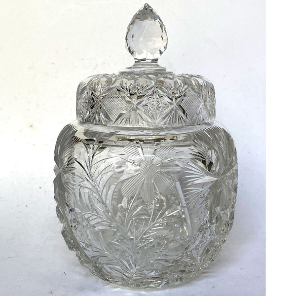 American Brilliant Cut Glass Cornflower Covered Jar and Underplate