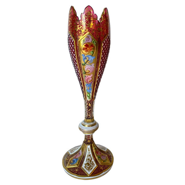 Bohemian Glass Ruby Red Gilt Enamelled Overlay Tulip-Form Vase