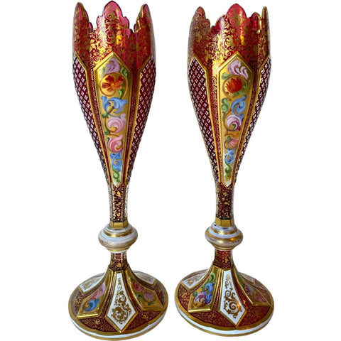 Pair Bohemian Glass Ruby Gilt Enamelled Overlay Tulip-Form Vases