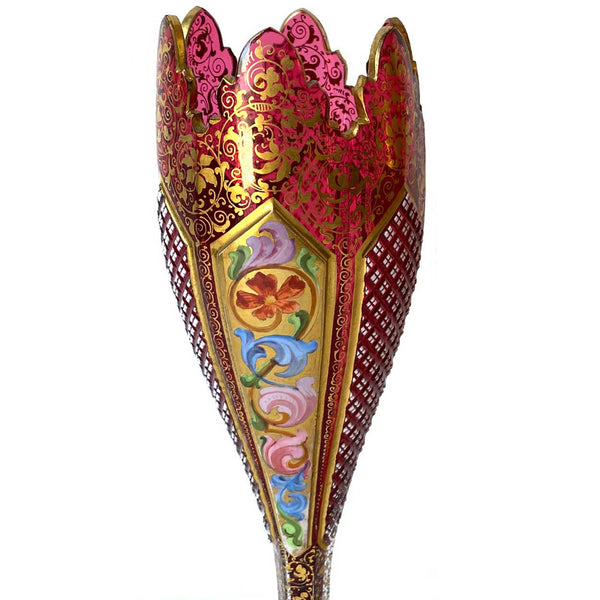 Bohemian Glass Ruby Red Gilt Enamelled Overlay Tulip-Form Vase