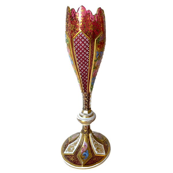 Bohemian Glass Ruby Red Gilt Enamelled Overlay Tulip-Form Vase