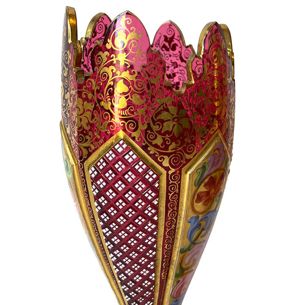 Bohemian Glass Ruby Red Gilt Enamelled Overlay Tulip-Form Vase