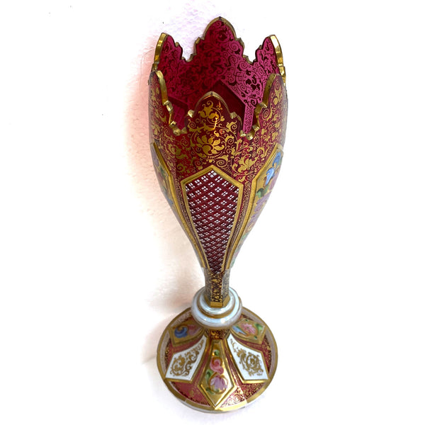 Bohemian Glass Ruby Red Gilt Enamelled Overlay Tulip-Form Vase