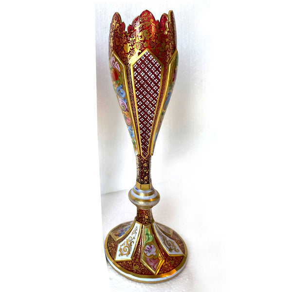 Bohemian Glass Ruby Red Gilt Enamelled Overlay Tulip-Form Vase
