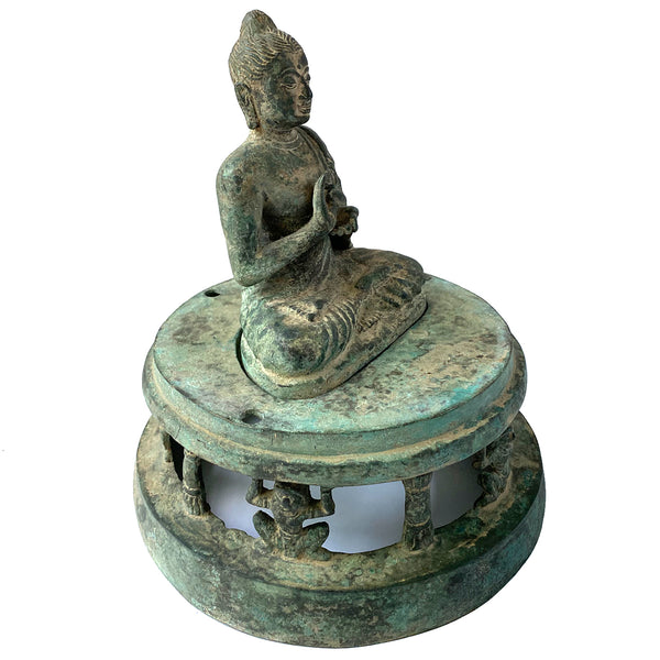 Vintage Southeast Asian Verdigris Bronze Buddha Statue and Stupa Shrine