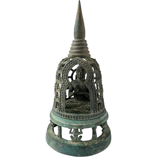 Vintage Southeast Asian Verdigris Bronze Buddha Statue and Stupa Shrine