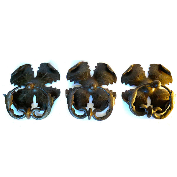 Set of Three Medieval Style Hand Forged Wrought Patinated Iron Foliate Bail Handle Door Pulls