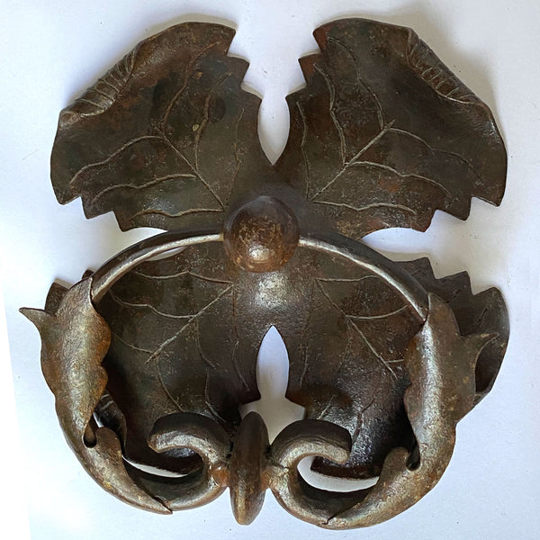 Set of Three Medieval Style Hand Forged Wrought Patinated Iron Foliate Bail Handle Door Pulls