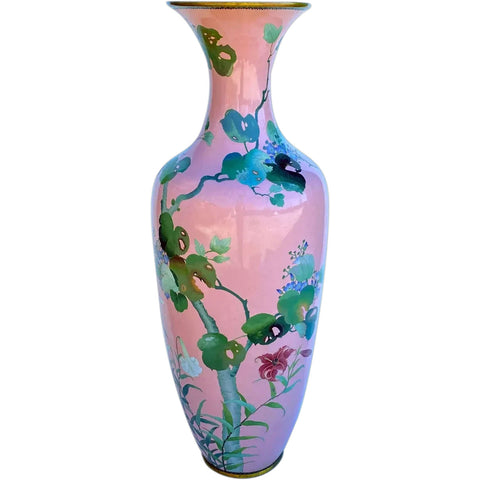 Large Japanese Pink Cloisonné Enamel on Copper Floral Floor Vase