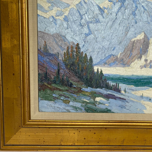 C. G. LEUCAS Oil on Canvas Painting, Snowy Winter Mountain Landscape