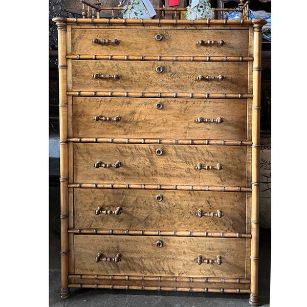 American R. J. Horner & Co. Birdseye Maple Faux-Bamboo Tall Chest of Drawers