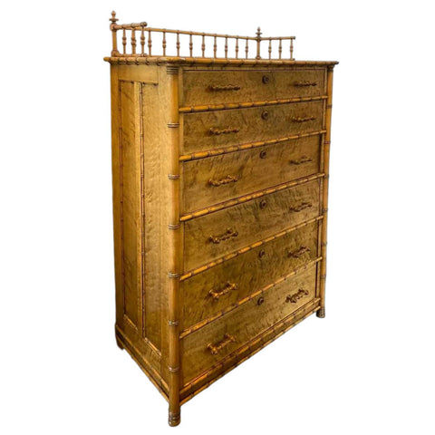 American R. J. Horner & Co. Birdseye Maple Faux-Bamboo Tall Chest of Drawers