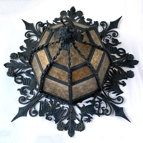 Spanish Colonial Style Lafayette Hughes Mansion Wrought Iron and Mica Ceiling Light