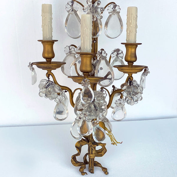 Pair Large French Louis XV Style Gilt Brass and Crystal Three-Light Wall Sconces