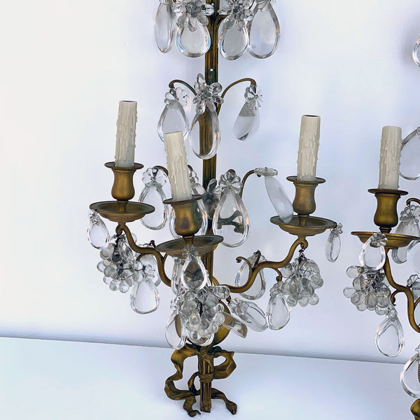 Pair Large French Louis XV Style Gilt Brass and Crystal Three-Light Wall Sconces