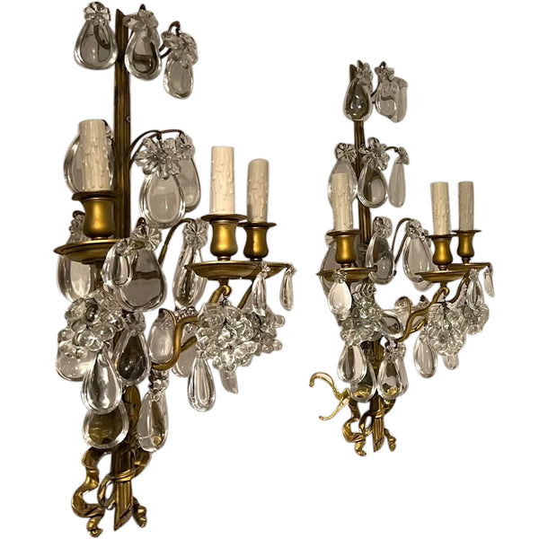 Pair Large French Louis XV Style Gilt Brass and Crystal Three-Light Wall Sconces