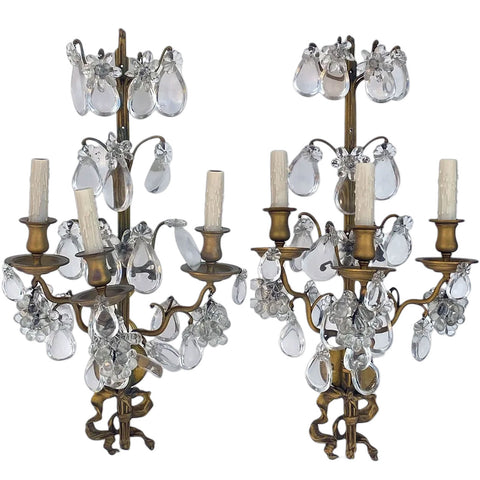 Pair Large French Louis XV Style Gilt Brass and Crystal Three-Light Wall Sconces