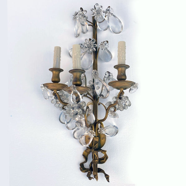 Pair Large French Louis XV Style Gilt Brass and Crystal Three-Light Wall Sconces