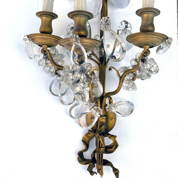 Pair Large French Louis XV Style Gilt Brass and Crystal Three-Light Wall Sconces